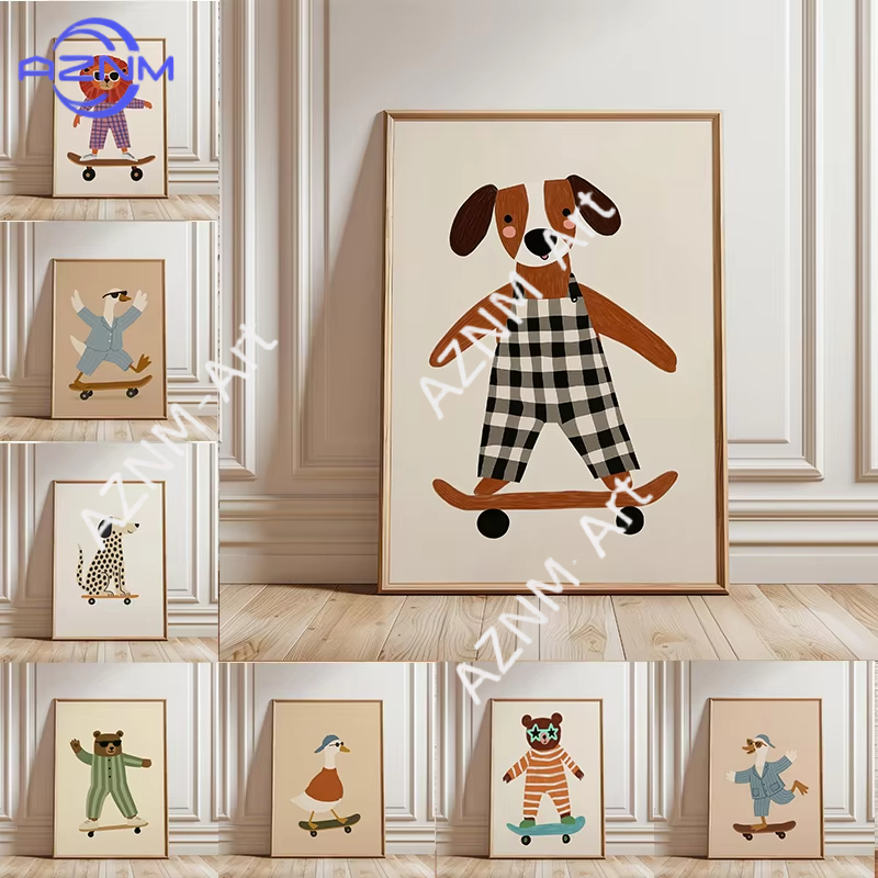 Baby Nursery Home - Póster Divertido de Animales Patinando, Pintura